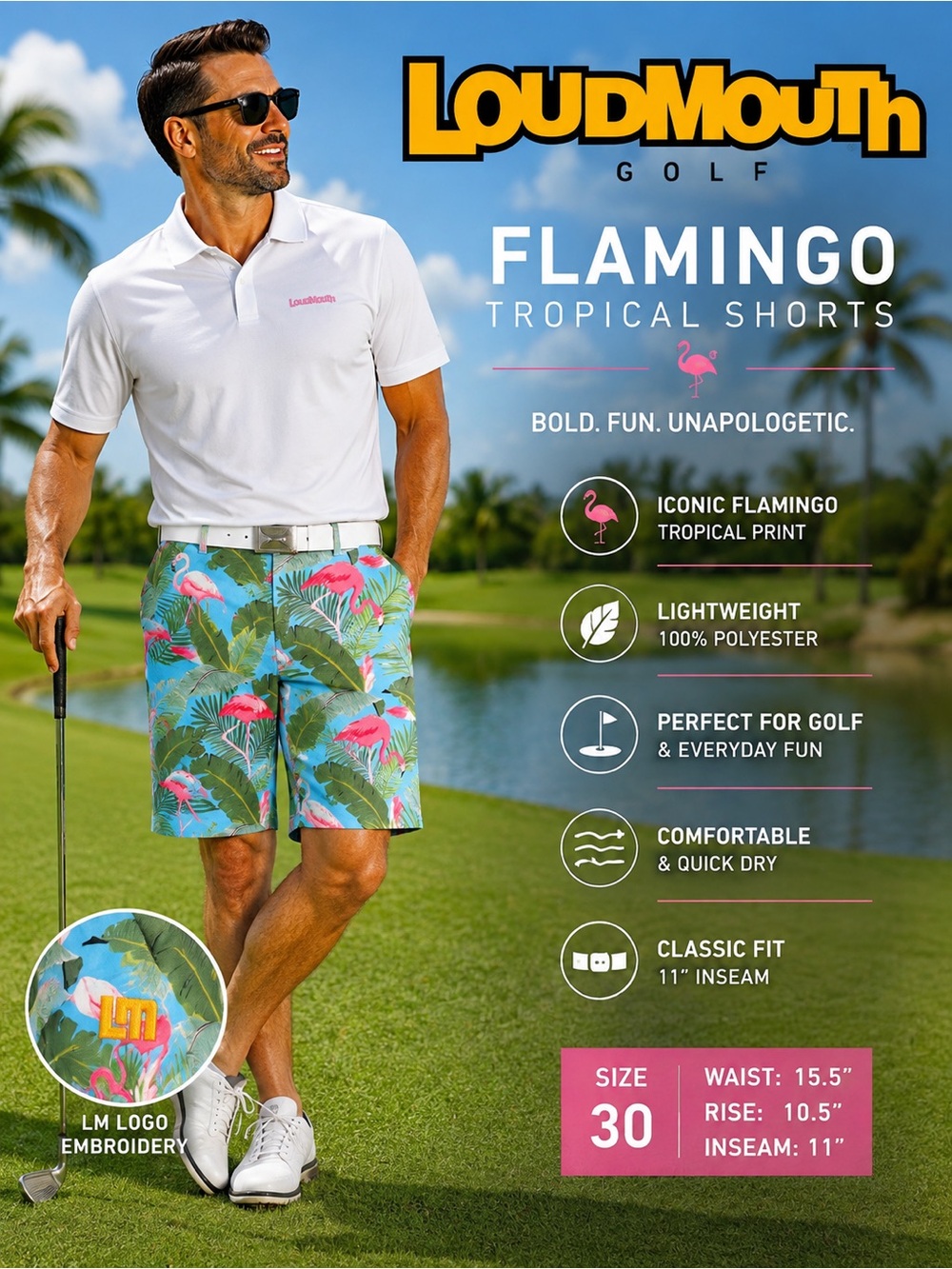 Loudmouth Golf Men’s Shorts Size 30 Flamingo Tropical Palm Print Blue Pink - Picture 1 of 6